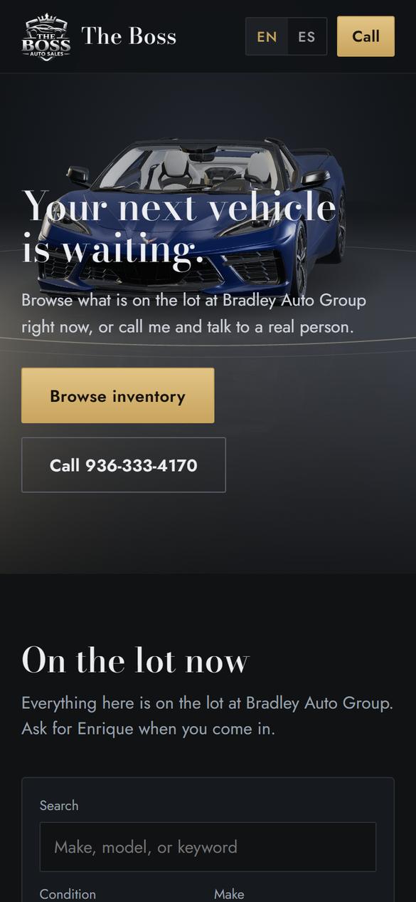 The Boss Auto Sales on a phone, inventory